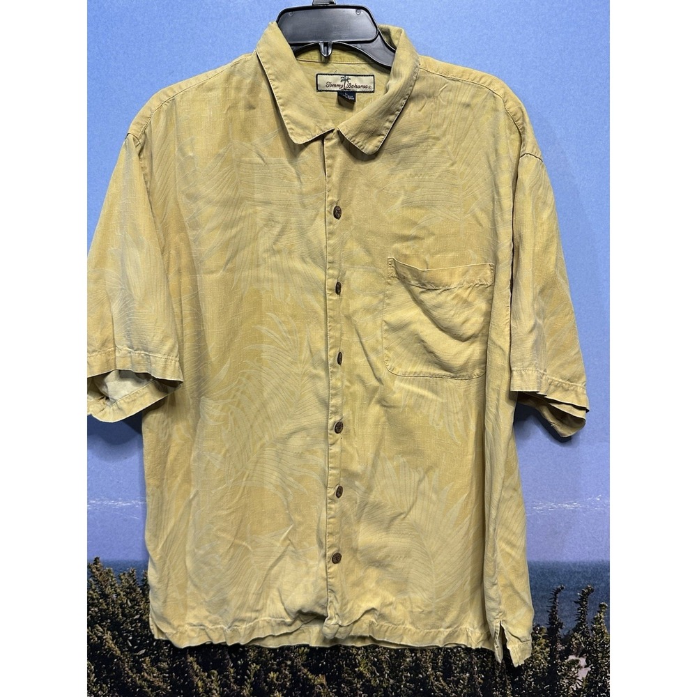 Tommy Bahama‎ Palm Tree Embossed 100% Silk Shirt Yellow Men's Size Large